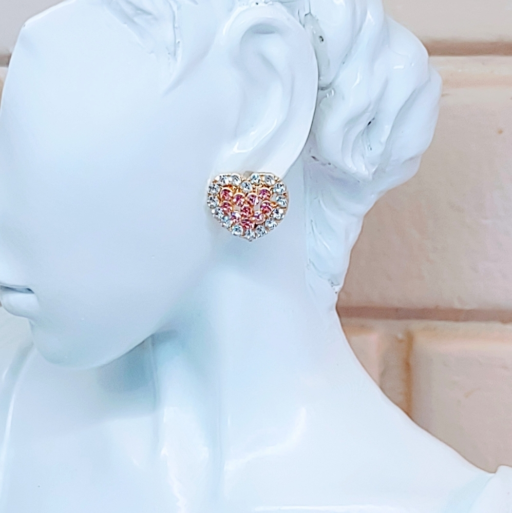 DOUBLE HEART PINK & CLEAR CUBIC ZIRCONIA SURGICAL STEEL STUD EARRINGS - Picture 2 of 9